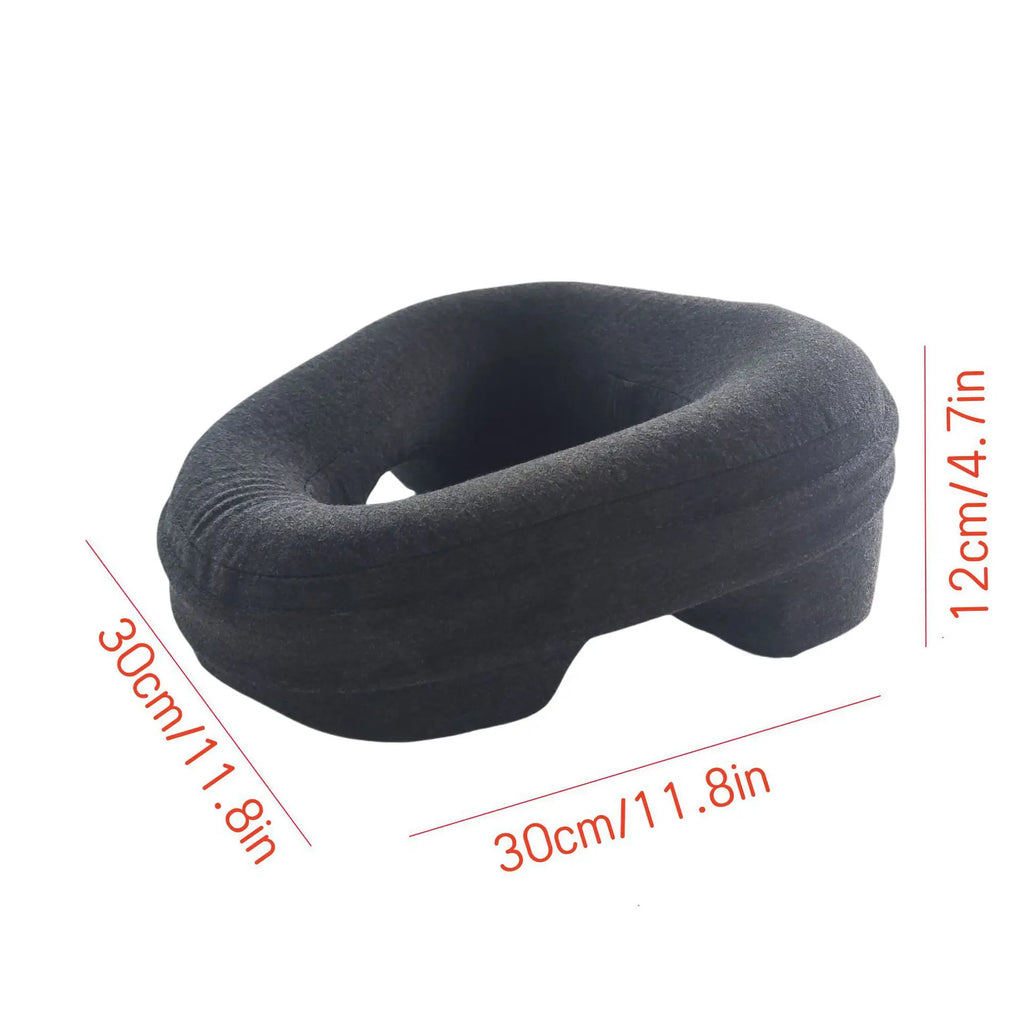 Black, U-shaped salon massage cushion with a central cutout for face or chest, labeled with dimensions in centimeters.
