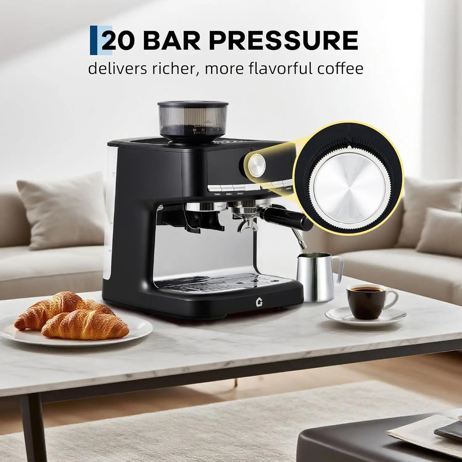 Gevi 20-bar espresso machine with built-in grinder, black and silver finish, on a living room coffee table.