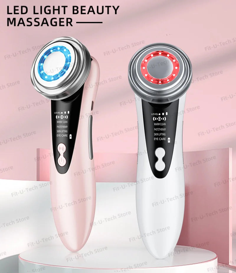 Pink and white handheld LED facial massagers with digital displays, circular light treatment heads, and control buttons.
