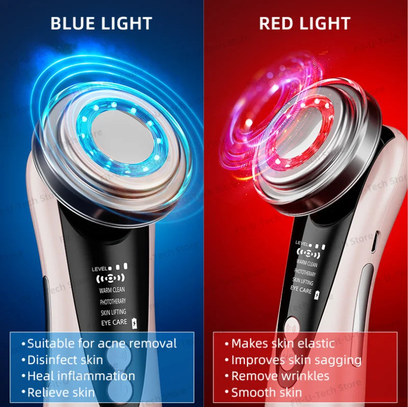 Two EMS facial massagers with LED light therapy, one blue light and one red light, displaying skincare functions.