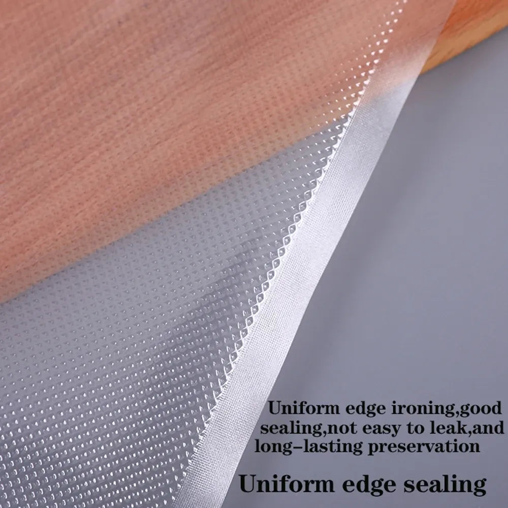 Clear vacuum sealer bag strip with embossed texture and sealed edge detail