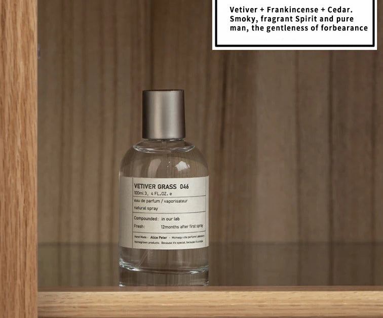 Alice Peter Vetiver Grass 046 unisex EDP, 100ml. Smoky vetiver, frankincense, cedar notes in a minimalist glass bottle.