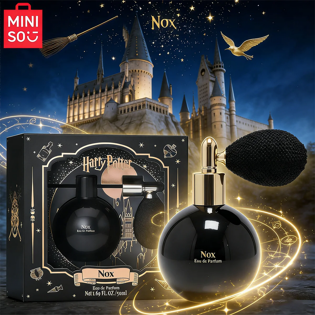MINISO Harry Potter Nox Unisex Eau de Parfum, 50ml. Black spherical bottle with atomiser, woody floral scent gift set.
