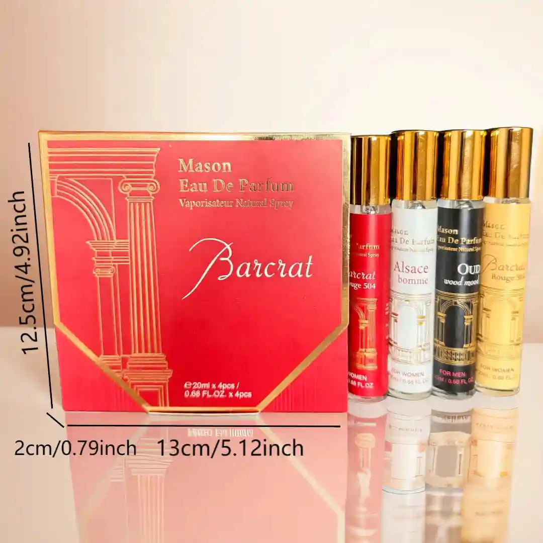 Mason Barcrat EDP gift set, 4-piece travel perfume spray, unisex wood & fresh fragrance, stylish elegant bottles.