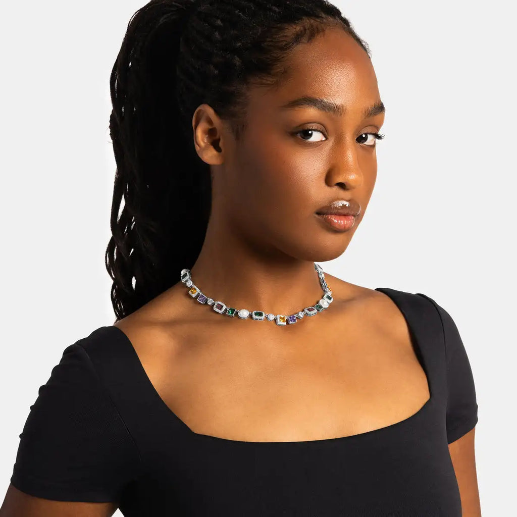 925 Sterling Silver Multi Color Gemstone Necklace Luxury Moissanite Halo Tennis Choker Necklace for Women