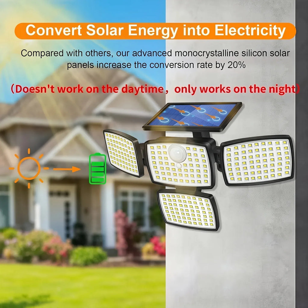 4-head solar powered motion sensor wall light with bright LED panels and solar panel
