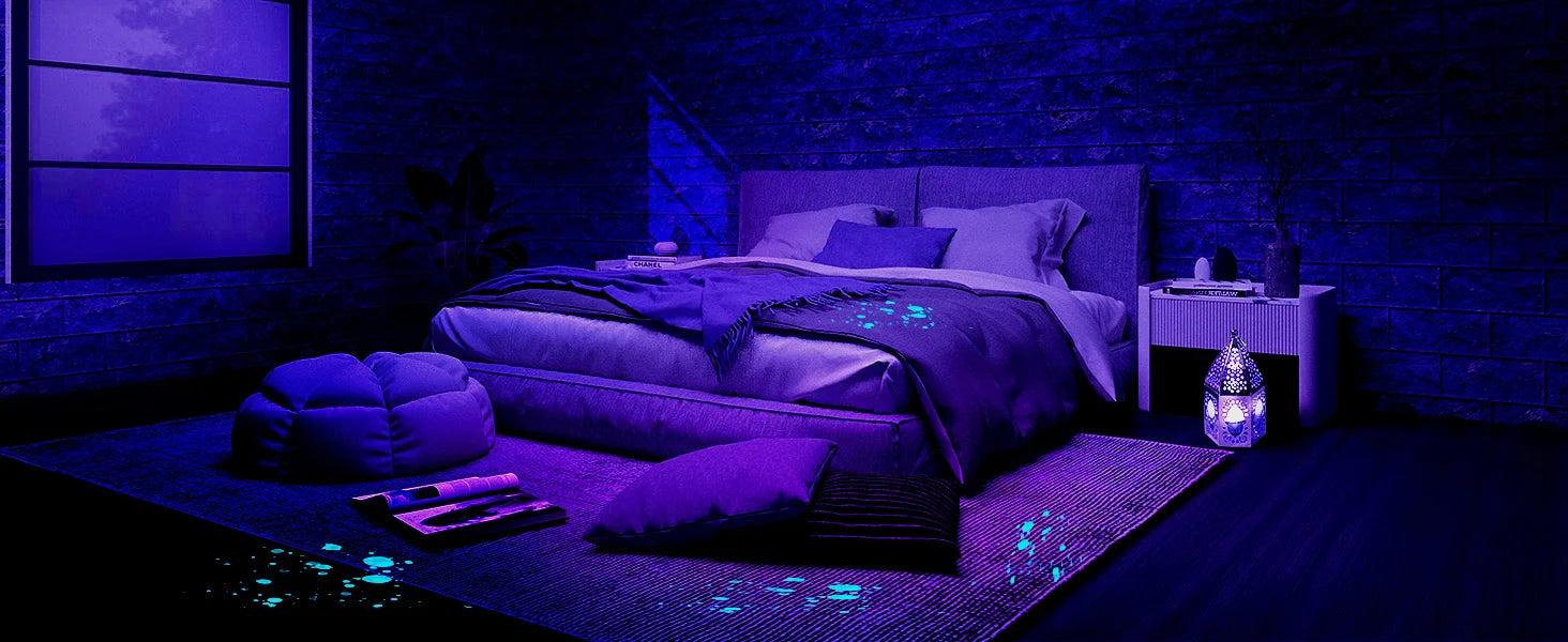 120W UV flashlight revealing pet urine stains on a bedroom rug and bed for effective cleaning and odor detection.