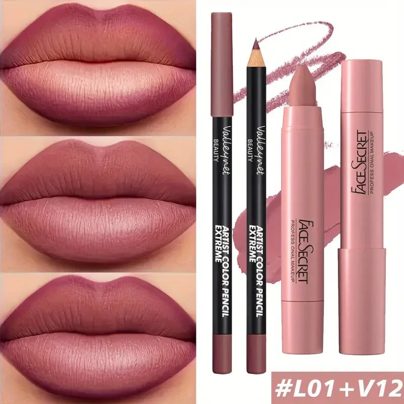 2pcs matte velvet lipstick set with lip liner in deep berry. Waterproof, long-lasting, high-saturation lip makeup.
