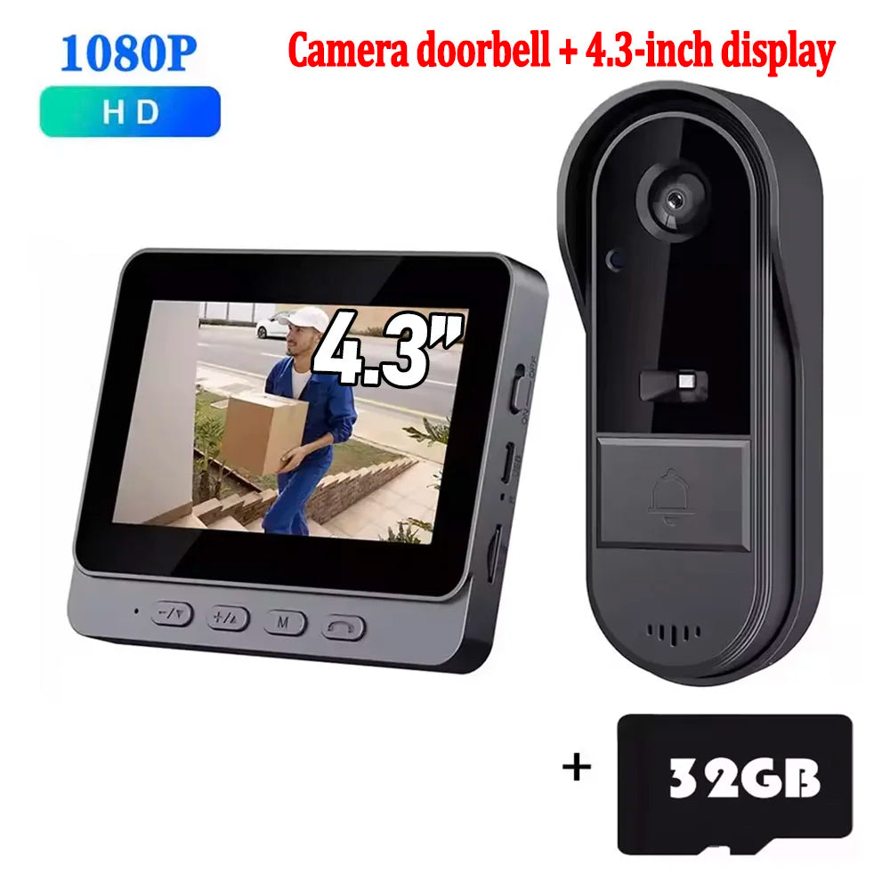 Wireless Wifi Doorbell Camera 1080P Waterproof Video Intercom Doorbell 4.3in IPS Screen Home Security Door Bell IR Night Vision