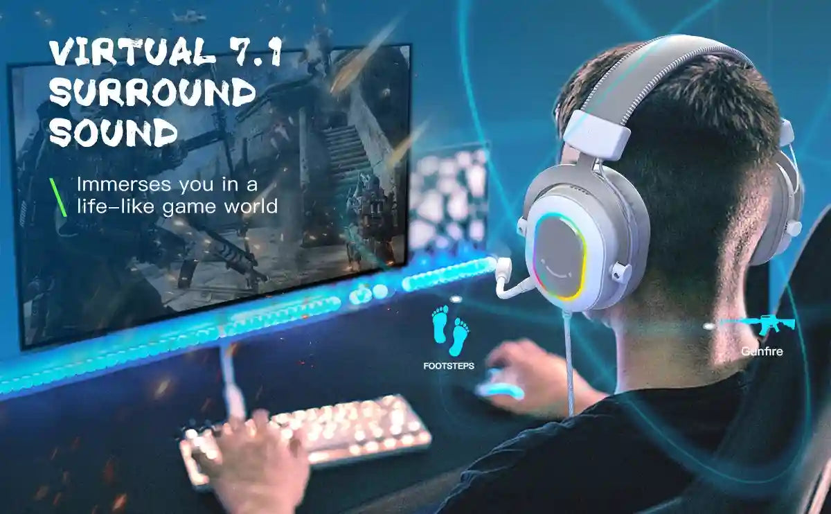 RGB Gaming Headset 7.1 Surround Sound - White Over-Ear Wired Headset Tidesmit