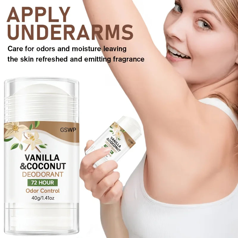 Tidesmit GSWP vanilla and coconut aluminum-free deodorant stick for 72-hour light, non-greasy fragrance protection.
