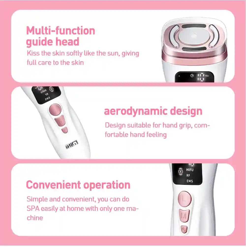 White and rose gold handheld HIFU facial device showing the treatment head, control buttons, and digital display.