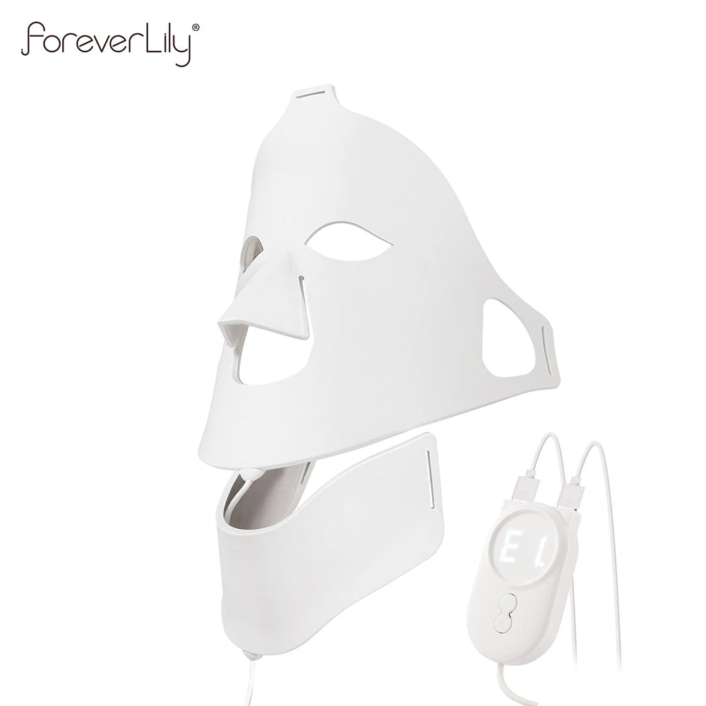 White flexible silicone LED face and neck mask with a wired digital controller for light therapy skin care.