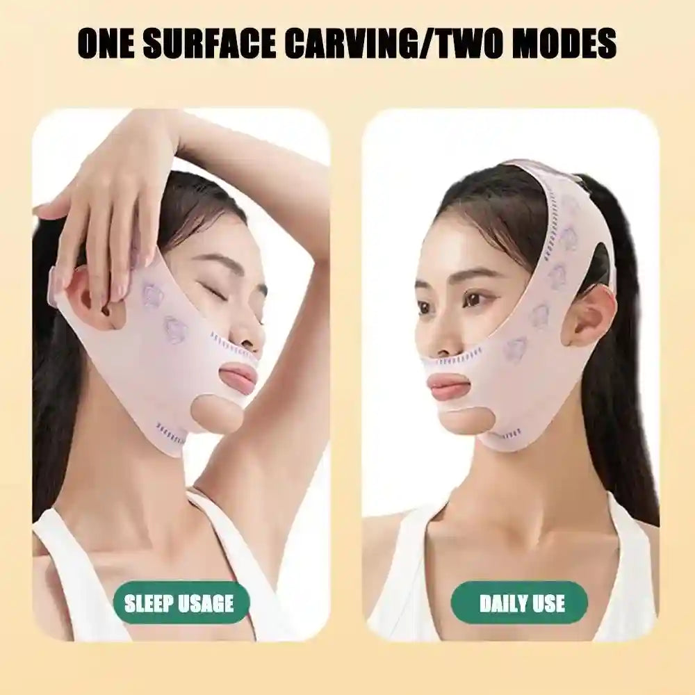 Woman wearing a light pink V-line face slimming bandage with butterfly prints, showing sleep and daily usage modes.