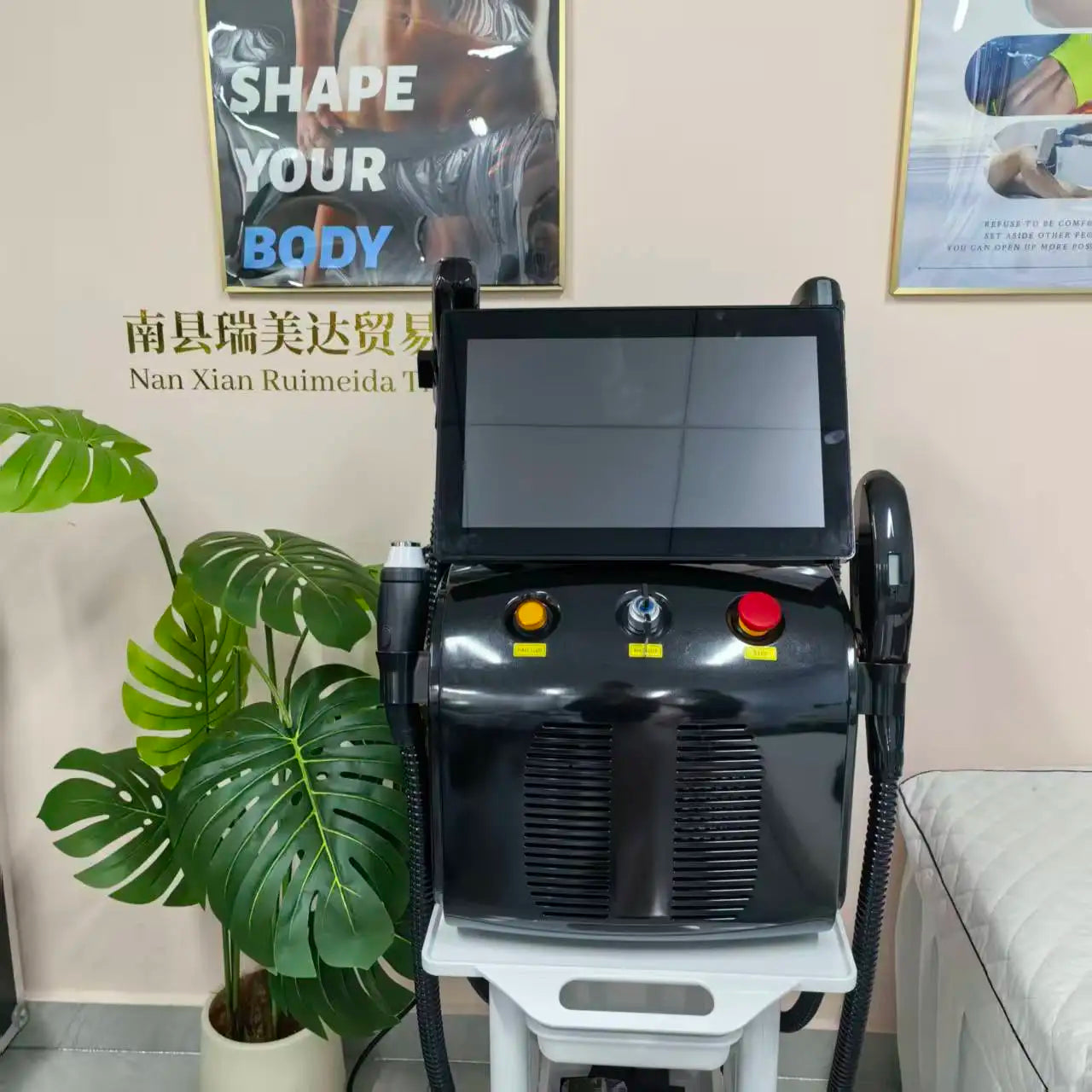 Tidesmit 4-in-1 4500W multifunctional diode laser and RF beauty machine side profile showing handheld attachments