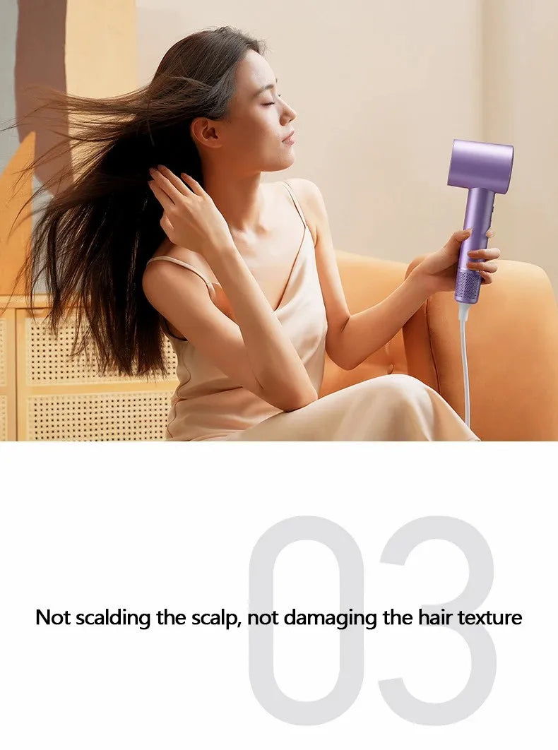 Purple high-speed ionic hair dryer with LED display, 1600W power, and nozzle for professional hair styling.