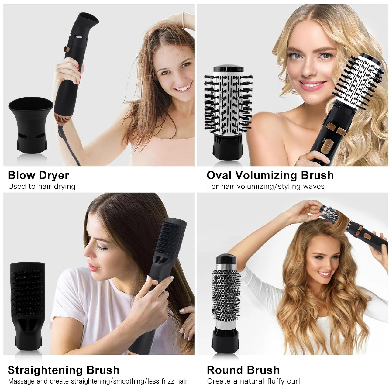 Hatteker 4-in-1 hot air brush set with dryer, oval volumizer, straightener, and round curling brush for styling hair.