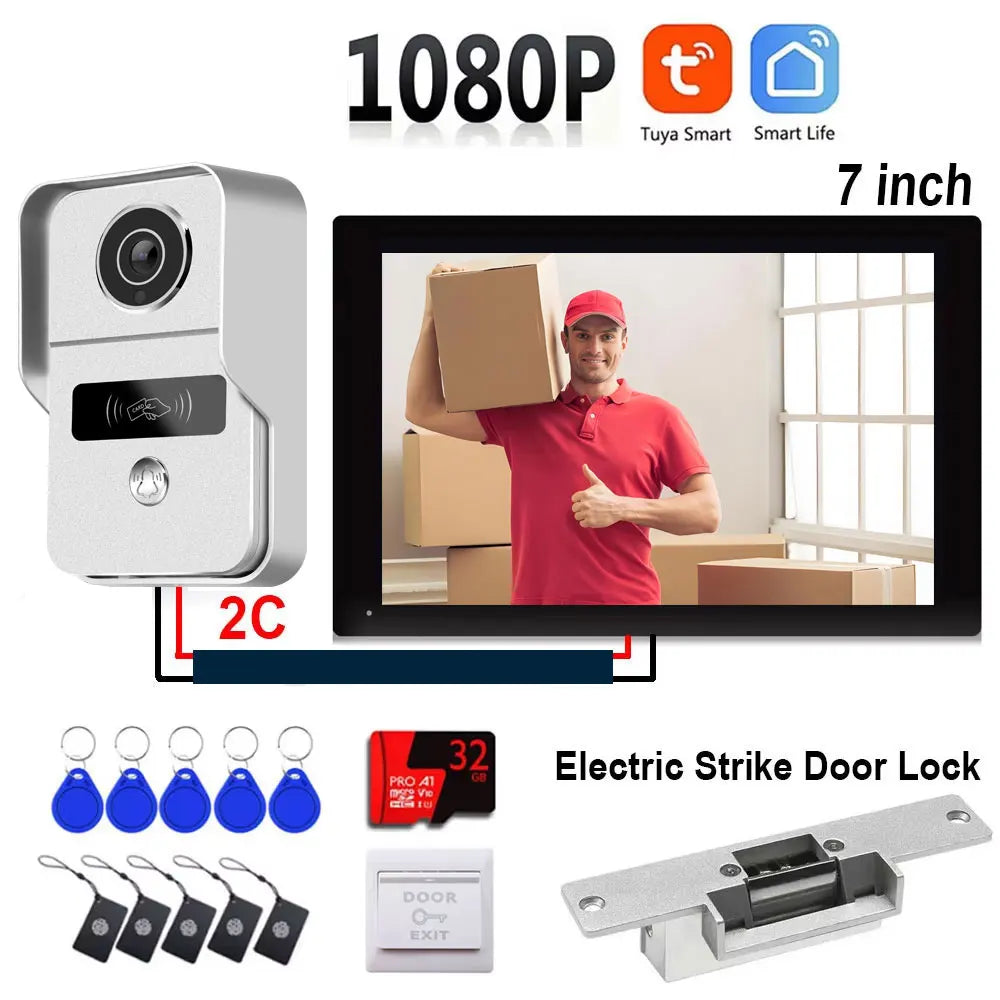 1080P 7/10 Inch Touch Screen 2 Wire Video Doorbell Tuya Home Video Intercom System IC Card APP Unlcok with Electric Strike Lock