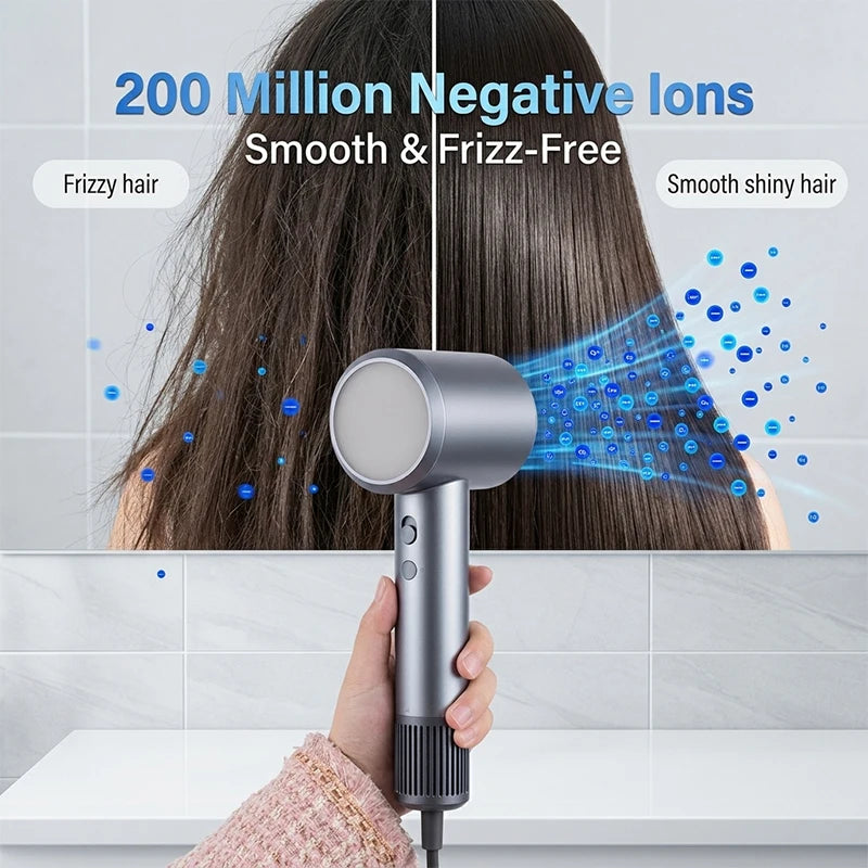 Grey Mijia high-speed ionic hair dryer showing negative ion technology for smooth, frizz-free, shiny hair results.