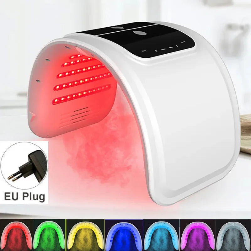 White arched LED facial therapy lamp emitting red light with a digital control panel and an EU plug adapter.