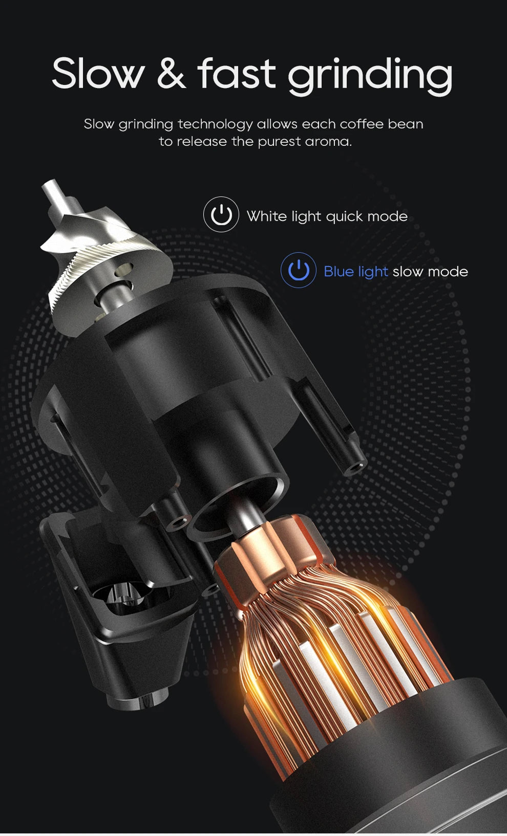 Black electric coffee grinder motor with dual-mode LED settings for fast and slow grinding technology.