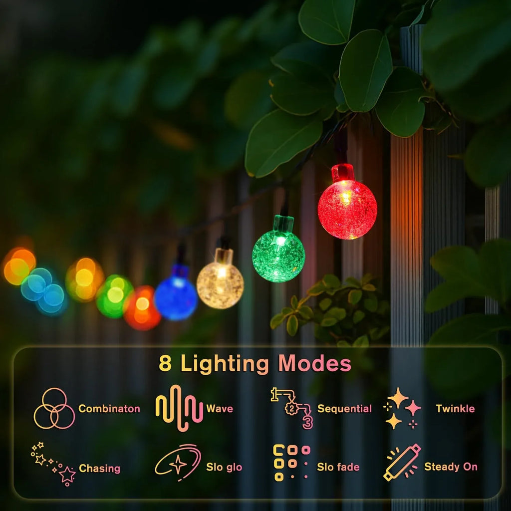 Outdoor solar bubble lights with red, green, and multicolor glowing globe bulbs