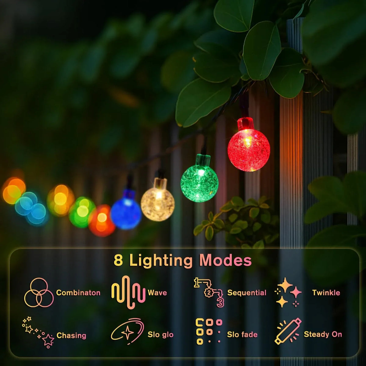 Outdoor solar bubble lights with red, green, and multicolor glowing globe bulbs