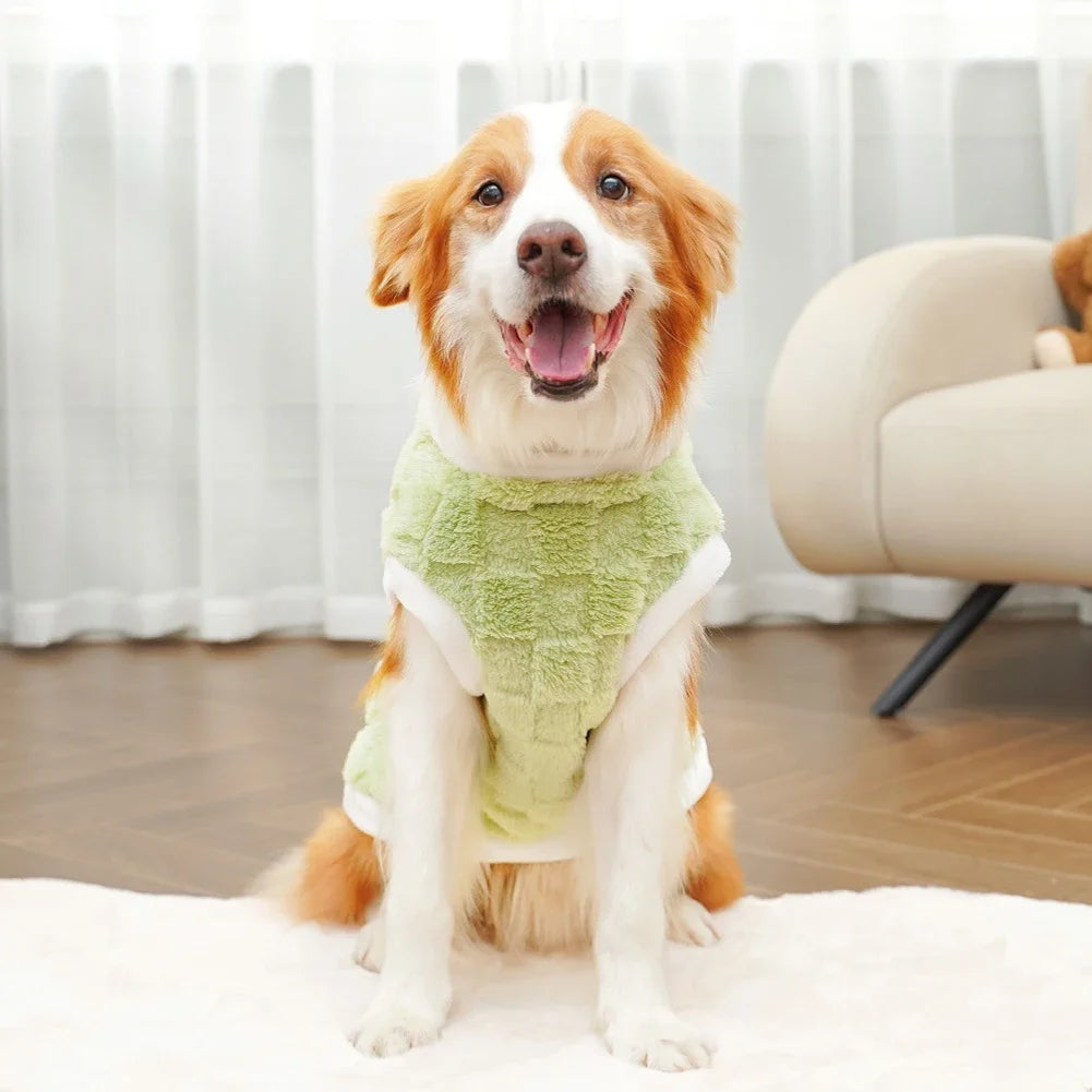 Dog wearing a cozy, green checkered winter fleece sweater for warmth and comfort. Available in sizes S-8XL for all breeds.