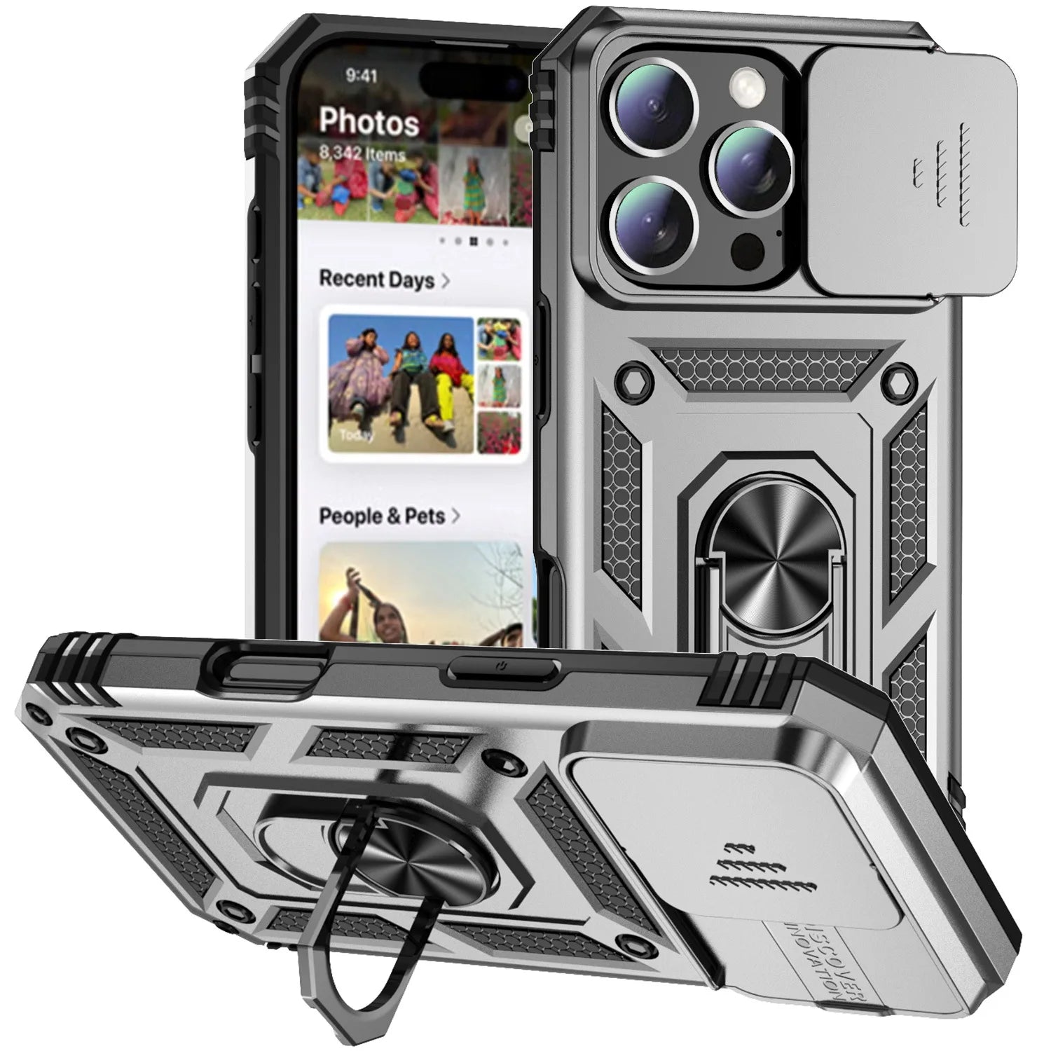 iPhone 16 Pro Max Case with Ring Stand and Lens Cover - Tidesmit Silver Tidesmit