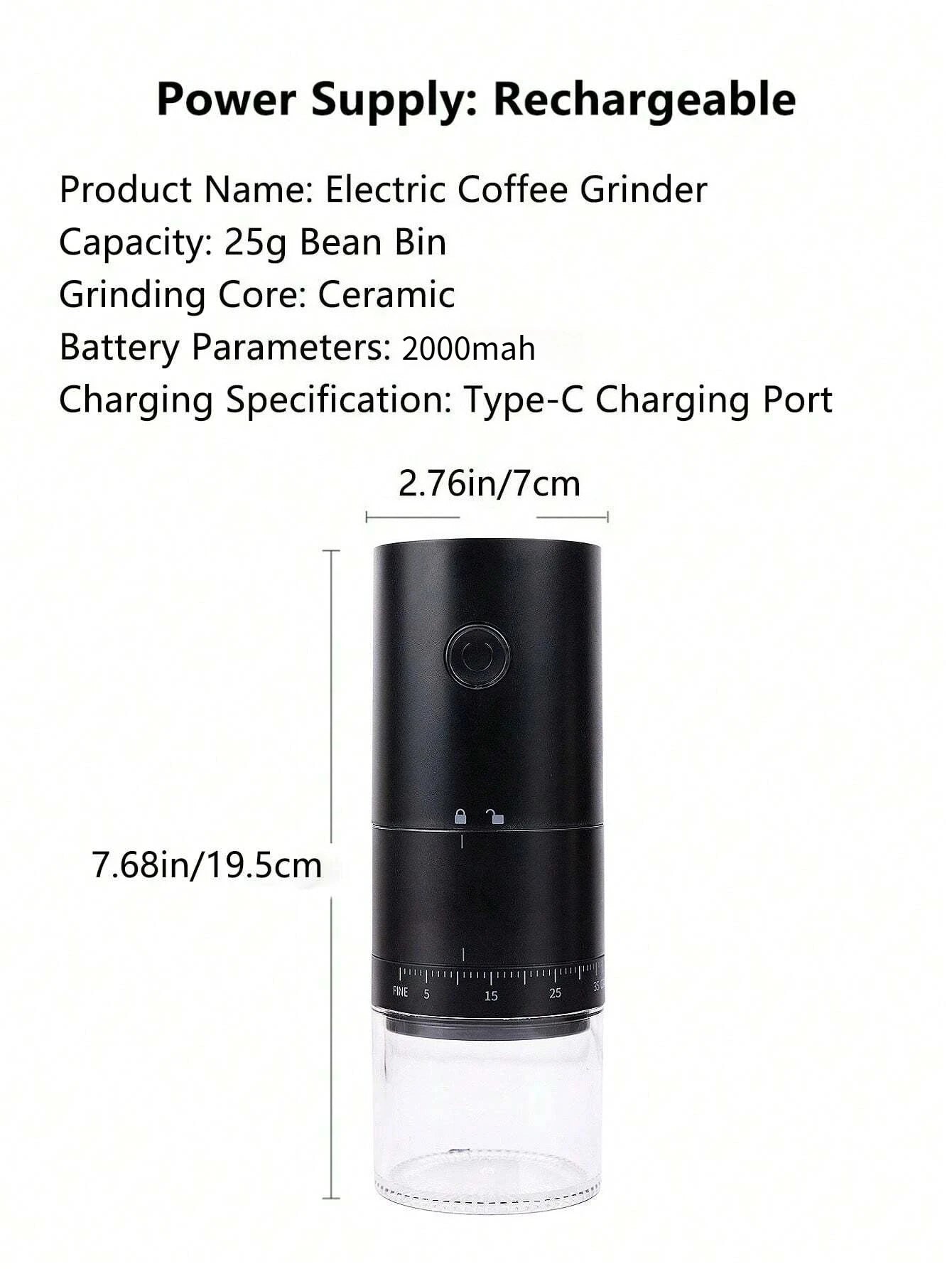 Black portable electric coffee grinder with 25g ceramic burr, USB-C rechargeable, 7.68-inch height.