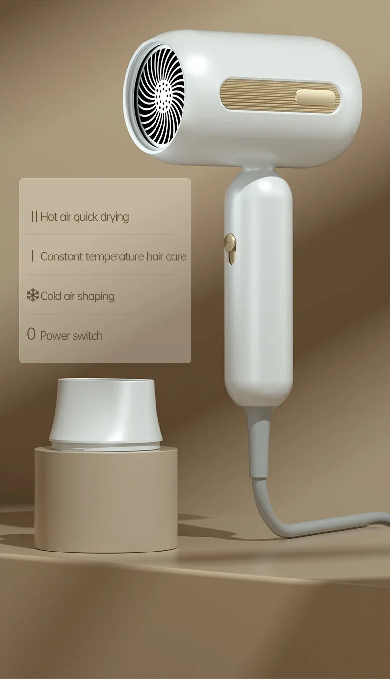 White F41 high-speed hair dryer with gold accents, concentrator nozzle, and constant temperature settings for home use.