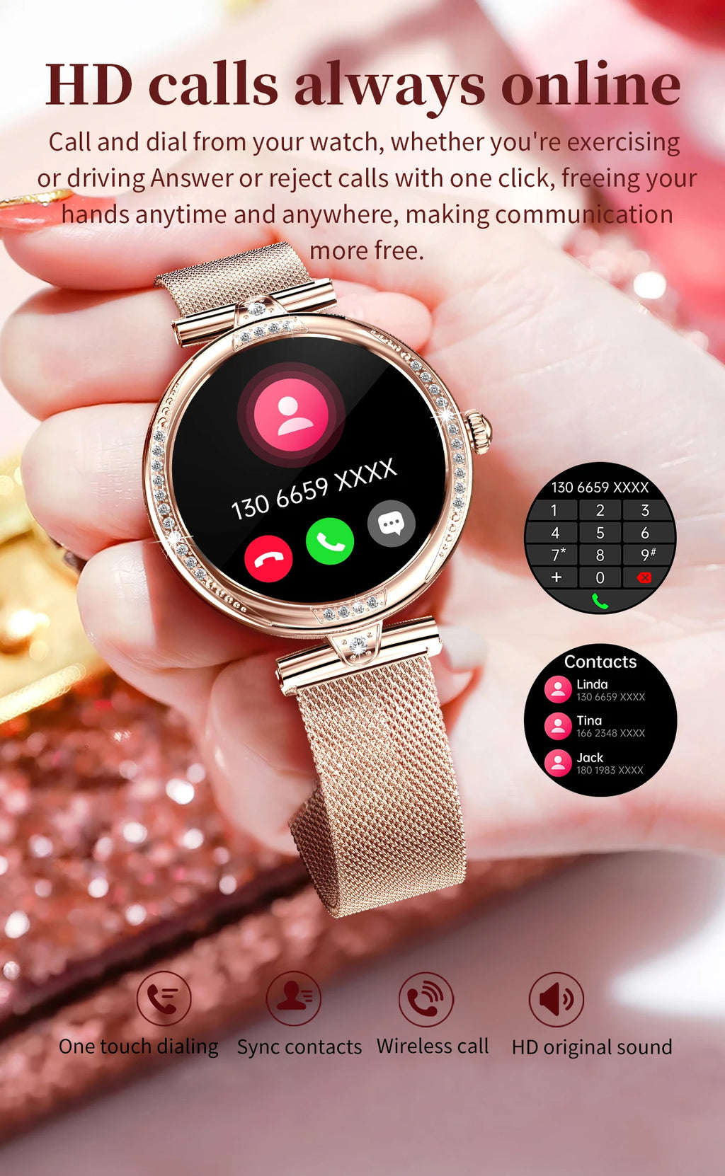 LIGE New Women Watch 1.19" 390*390 AMOLED Display Heart Rate Blood Oxygen Monitoring Bluetooth Call Fashion Diamond Smartwatch