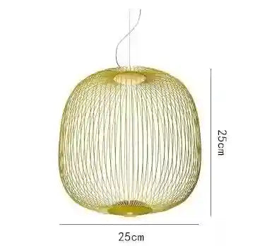 Gold metal wire pendant light, spherical, 25cm in diameter, suspended by a thin cord for interior ceiling lighting.