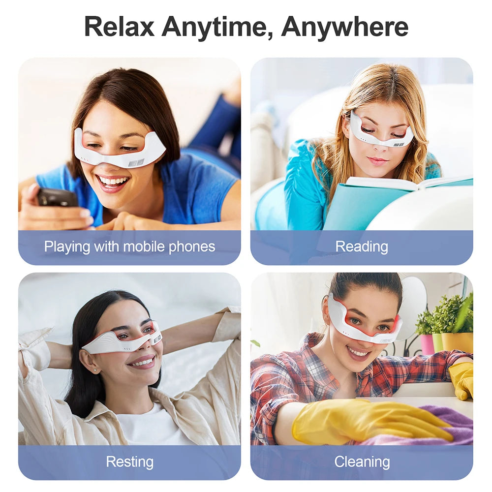 Women using white electric red light eye massager glasses for anti-wrinkle care and fatigue relief while active.