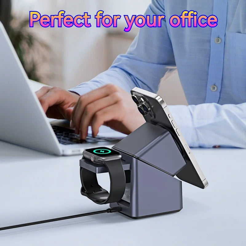 Magnetic wireless charging dock with rotating stand propped on desk