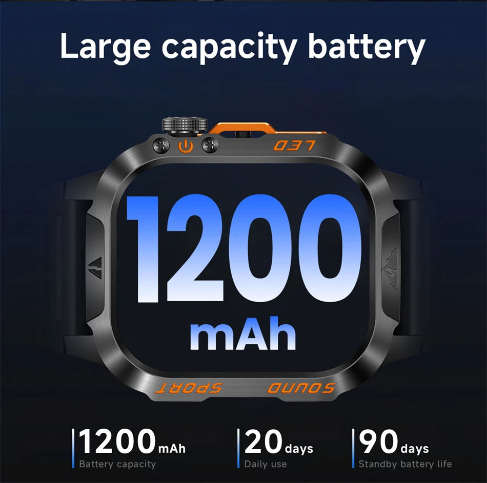 New Military Grade 1200mAh Battery Smartwatch Men 5ATM Waterproof Sports Tracker Flashlight Heart Rate AMOLED Screen Smart Watch