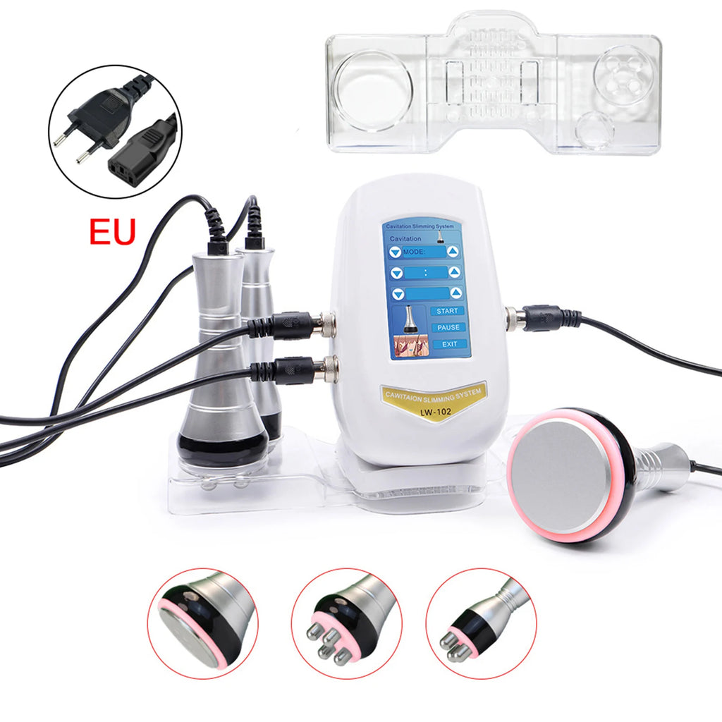 White BEEMY RF cavitation slimming machine with digital display, handheld probes, stand, and EU power cord.