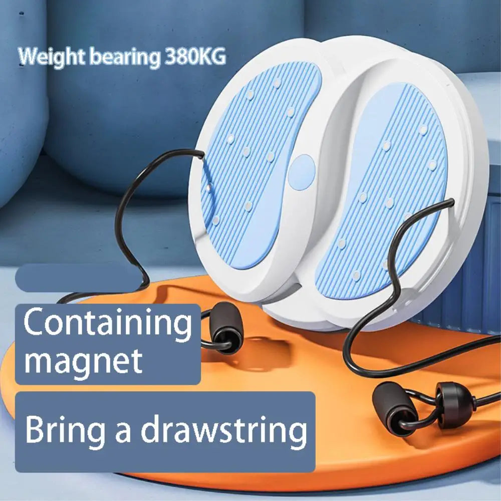 Round plastic waist twisting disc with blue textured foot pads, magnetic points, and attached exercise pull ropes.