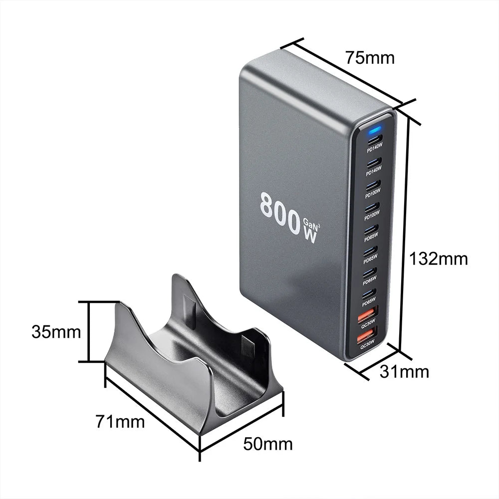 Tidesmit 800W GaN 10-Port USB-C Desktop Charger for Multi-Device Fast Charge Tidesmit