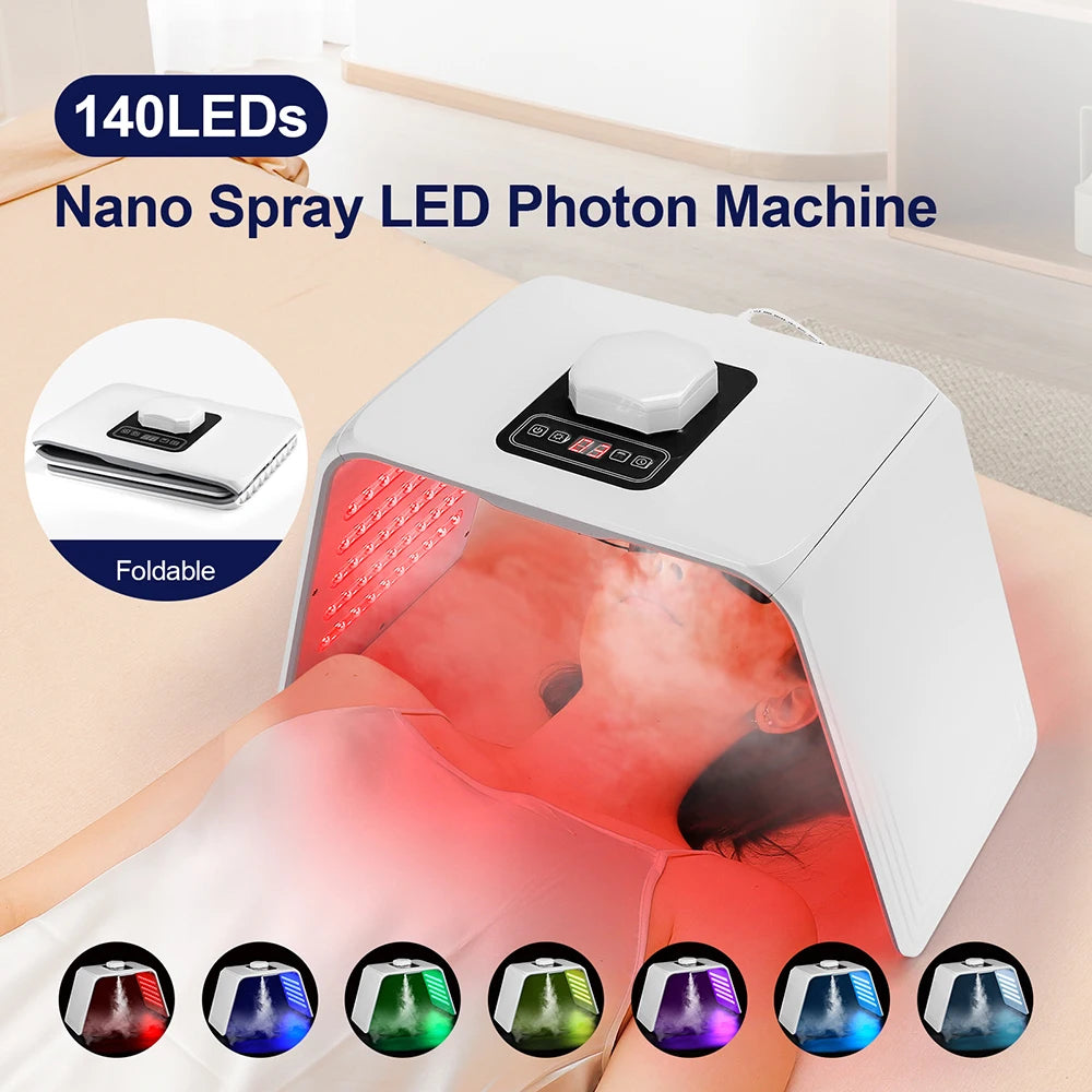 Foldable white LED photon machine for facial skincare with 140 LEDs, digital controls, and a multi-colored spray mist.