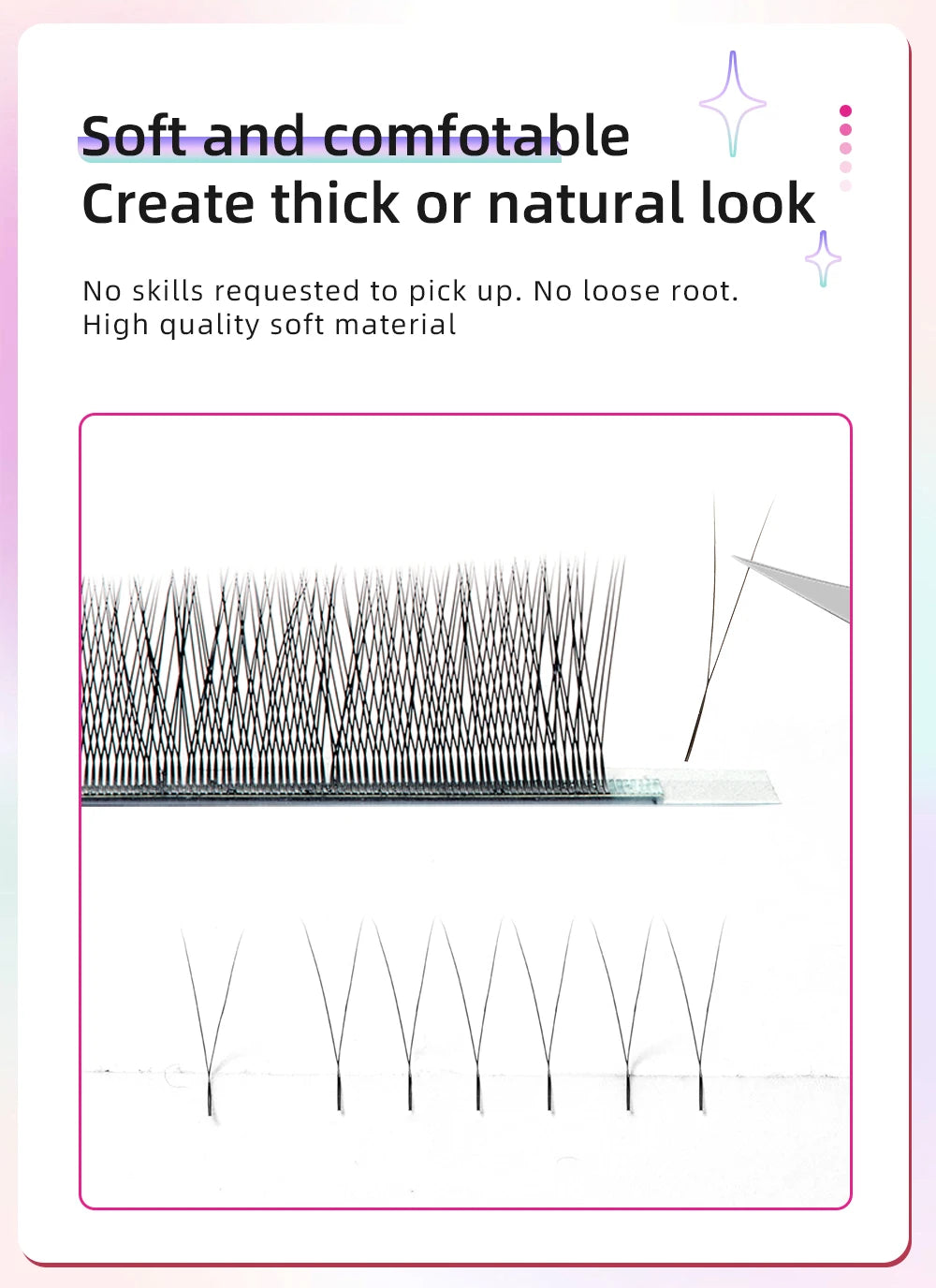 Dark brown 2D Y-shaped volume eyelash extensions on a adhesive strip, showing a single lash being lifted by tweezers.