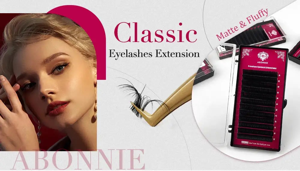 Classic eyelash extension tray with matte black lashes, shown with gold application tweezers and a model.