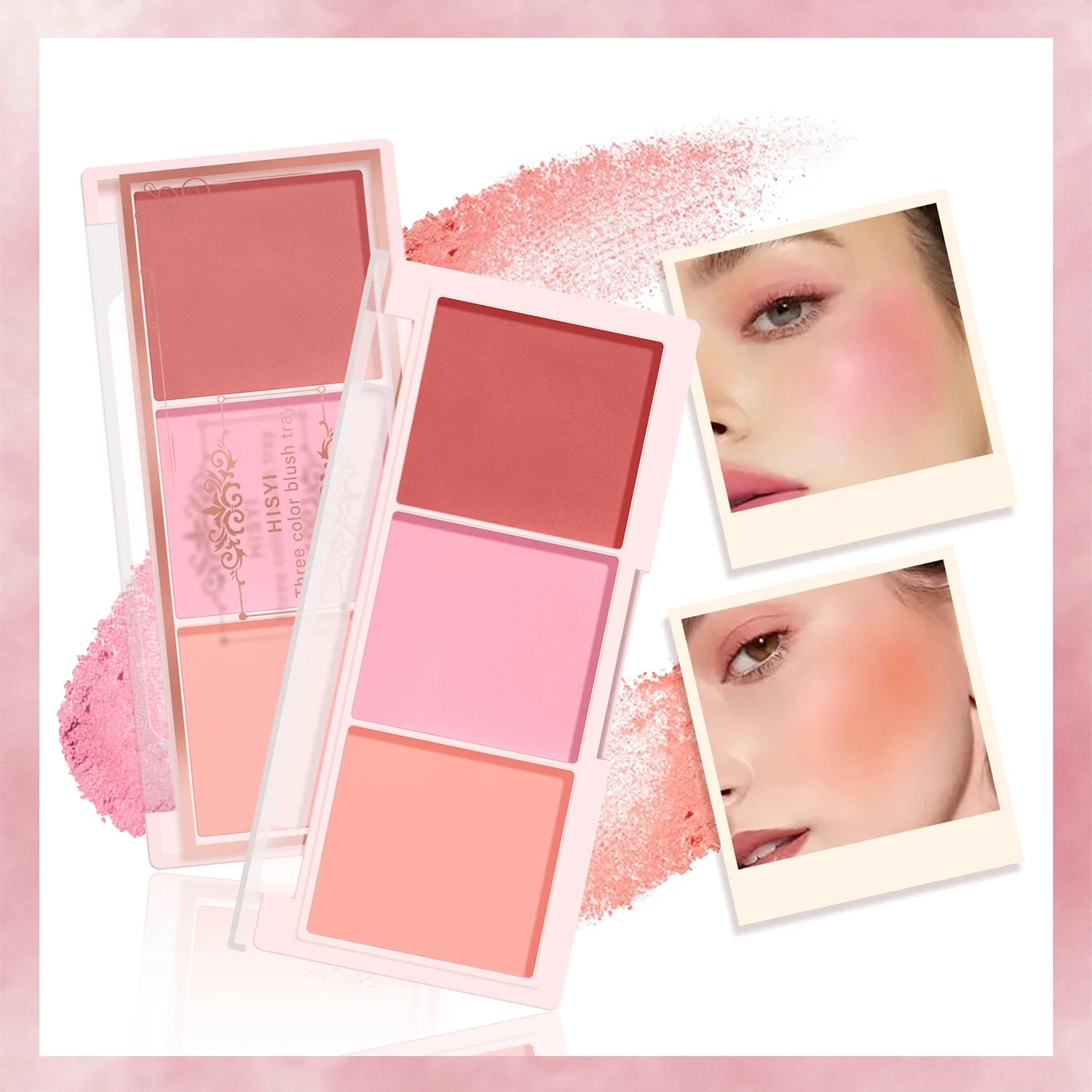 Tidesmit HISYI three-color matte blush palette showing detailed texture and natural pigment for clear makeup looks