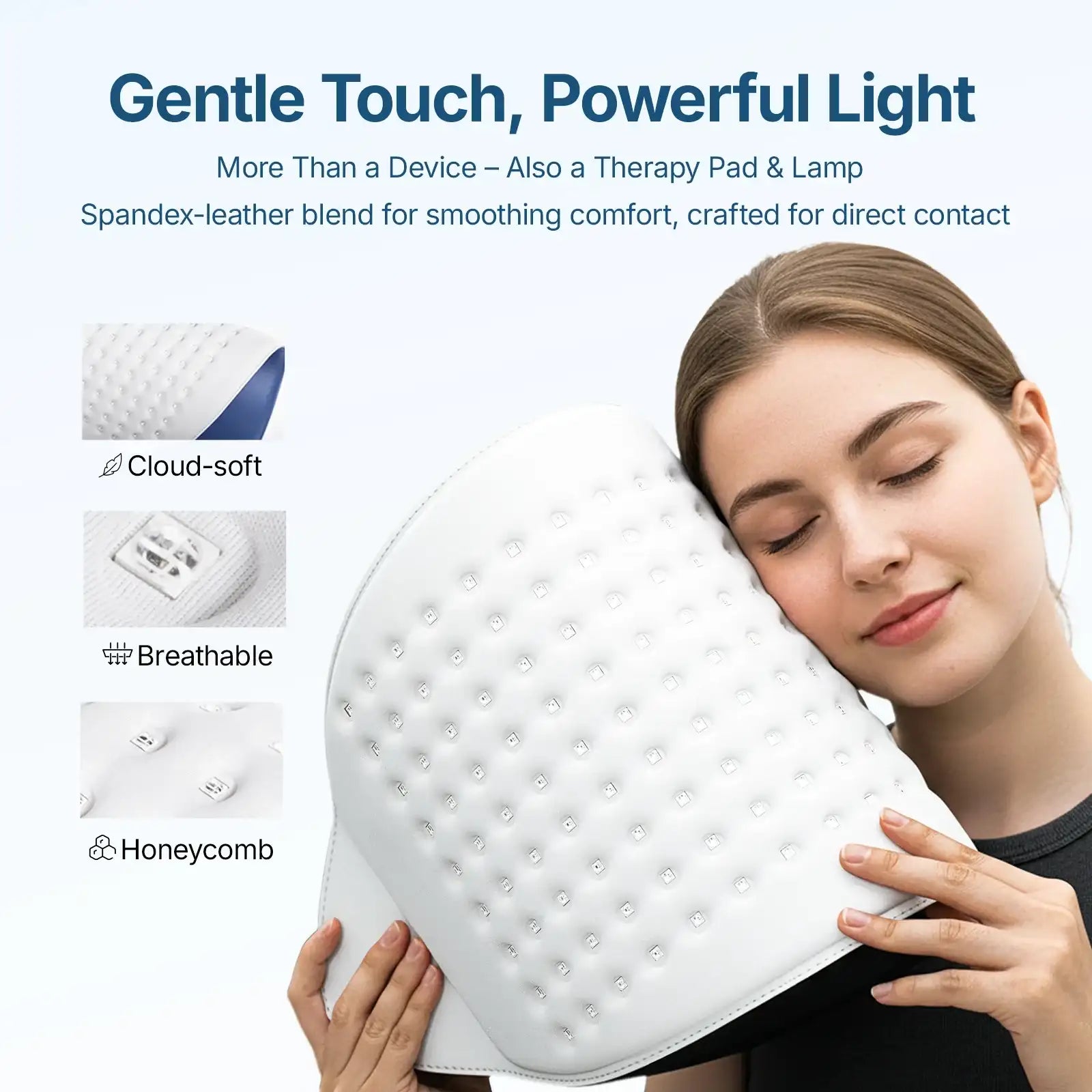A woman resting her face against a soft, white, flexible LED light therapy panel with a honeycomb-textured surface.