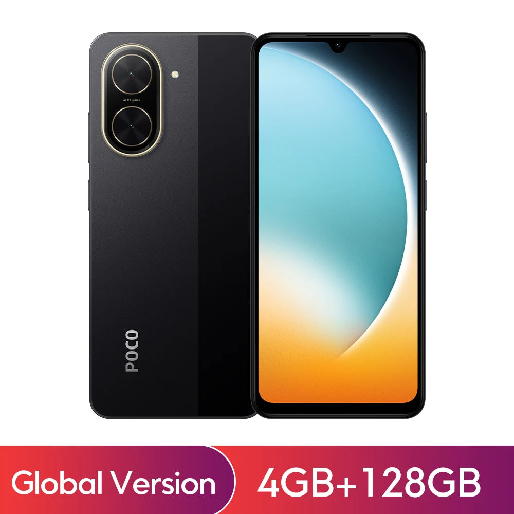 Black Xiaomi POCO C71 Global Version smartphone, 6.88" display, dual camera, front and back views, 4GB+128GB.