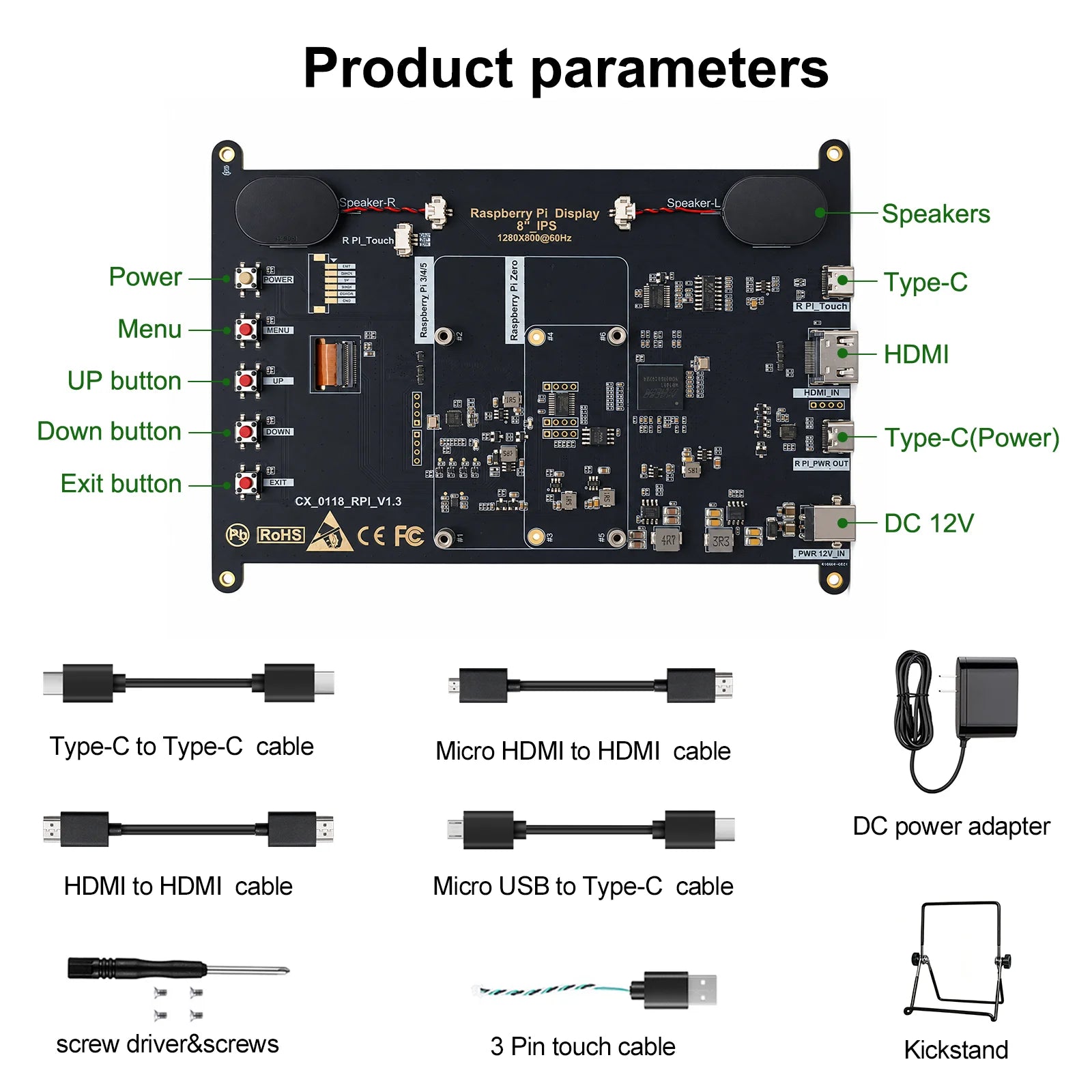 8 Inch Raspberry Pi Touch Monitor 1920×1200 IPS 10-Point Touch Screen Dual Speaker HDMI Display for Pi 5/4B/3B PC DIY Case 3D