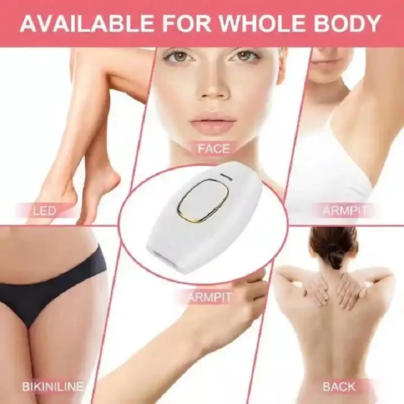 White IPL laser hair removal device for painless whole-body use on face, legs, arms, and bikini line.