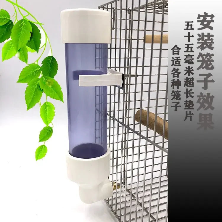 Large automatic parrot water dispenser, clear plastic bird feeder cup for cages, keeps water clean and easily accessible.