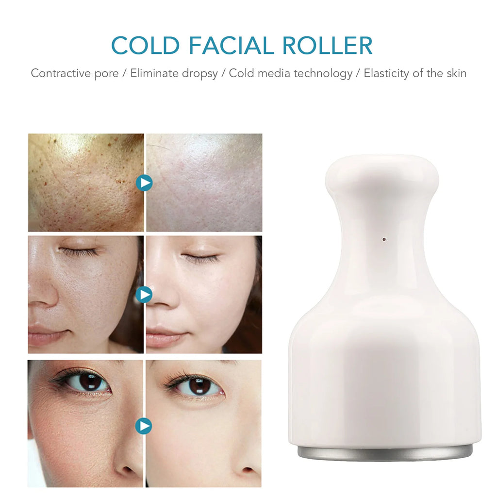 White handheld cold facial roller with a flat metal base for cooling skin and reducing puffiness.