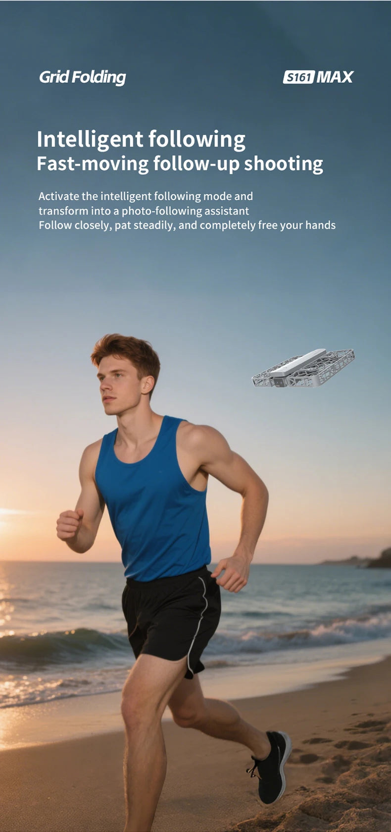 S161 MAX white, foldable compact drone with a grid frame hovering near a man running on the beach for hands-free video.